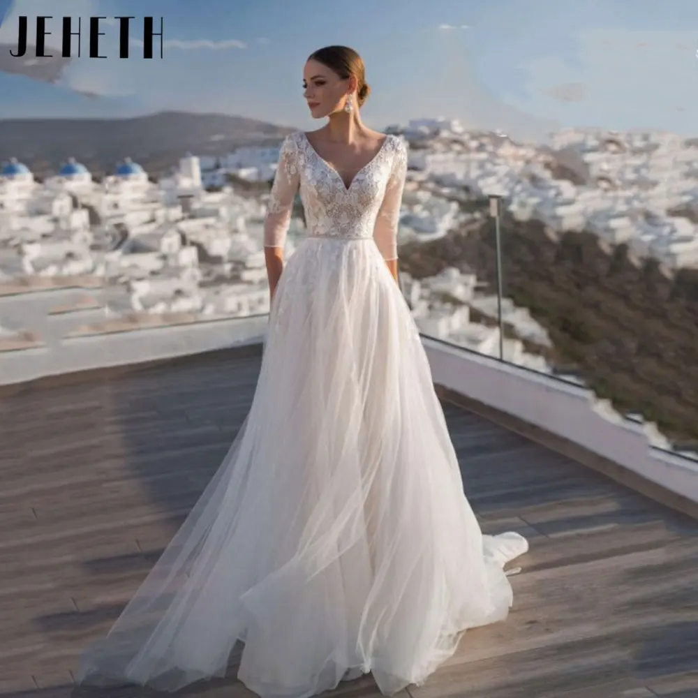 JEHETH Romantic Lace Tulle Wedding Dress 2024 Classic Half Sleeves A Line Bridal Gown Sexy Backless Vestido De Novia Custom Made