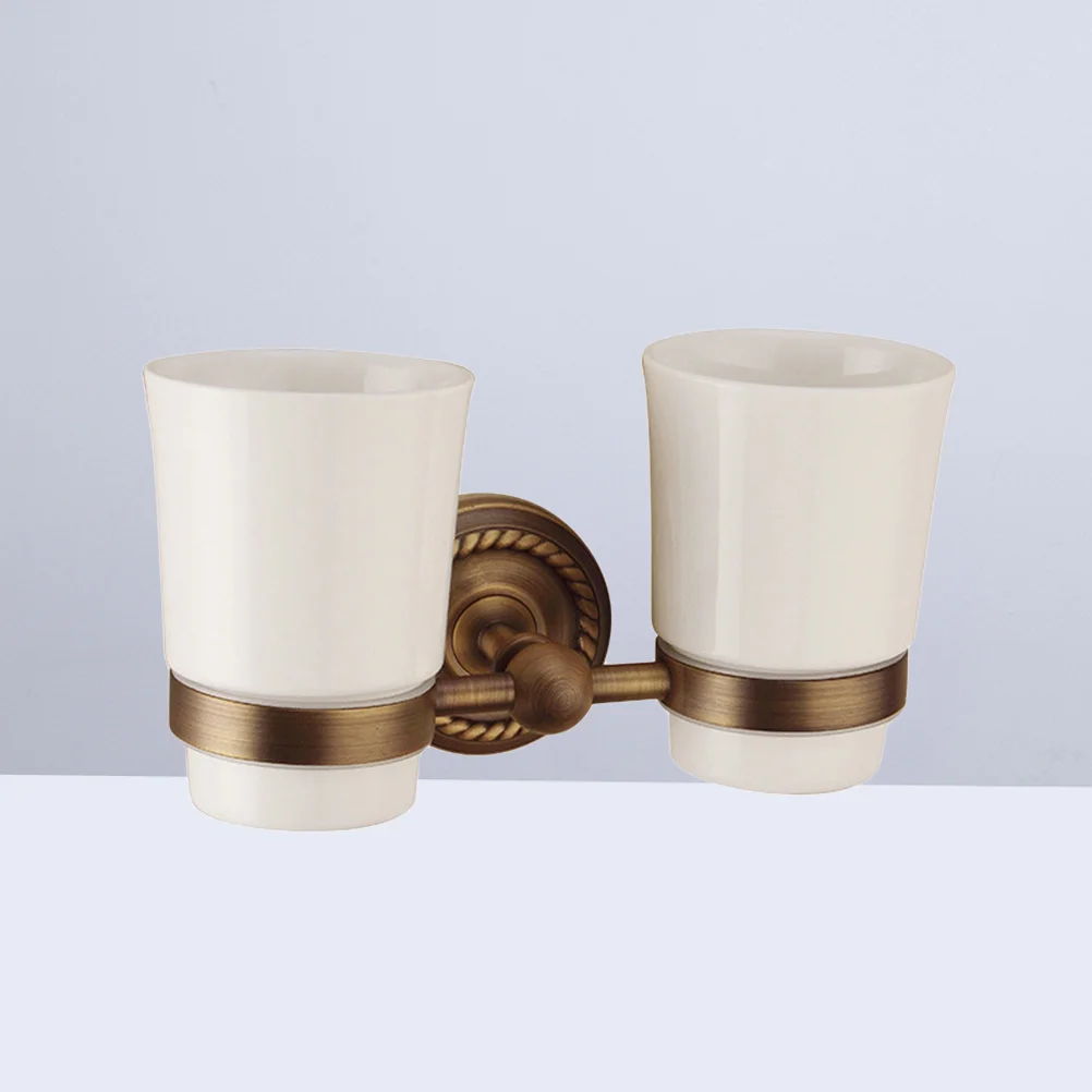 

Double Cup Toothbrush Holder Polishing Copper Wall Mounted Style Ceramic Cups Organizer for Bathroom Home Hotel