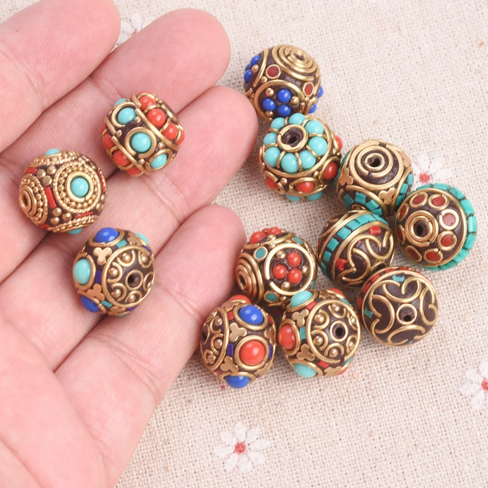 2pcs 15mm-17mm Round Handmade Nepalese Tibetan Buddhist Brass Metal Clay Loose Beads For DIY Jewelry Making