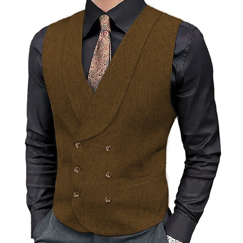 

Мужской жилет коричневый с узором «елочка» на двойной пуговице с лацканами жилет для свадьбы жениха деловой деловой банкетный рабочий мужской костюм