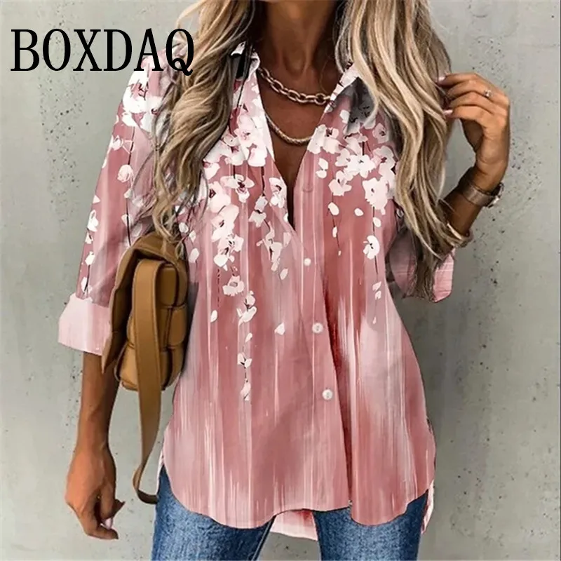 2025 New Spring Women Shirts Flower Print Lapel Long Sleeve Loose Single-Breasted Casual Blouses Fashion Button Lady Top Clothes