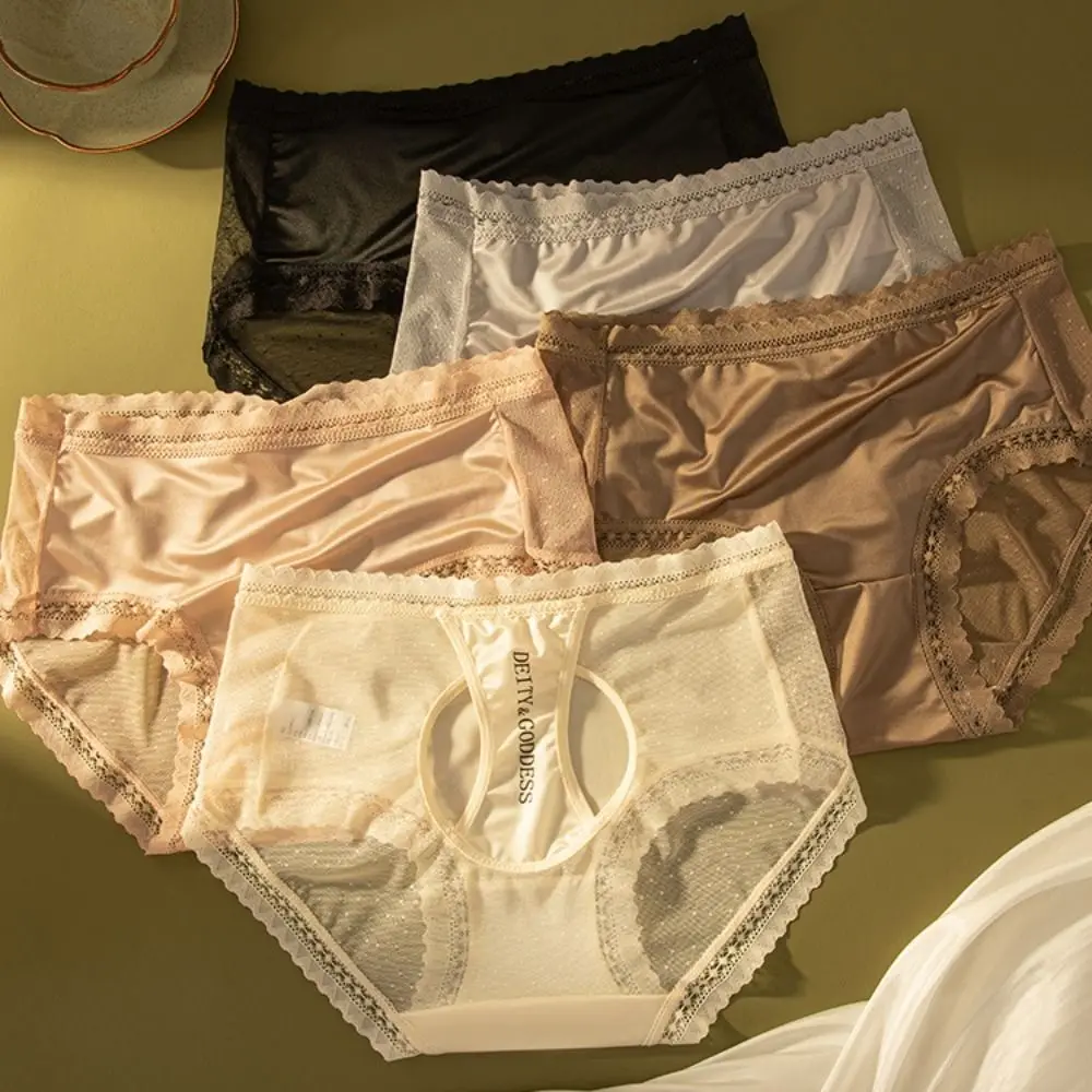 

Fashion Sweet Satin Silk Panties Mid Waist Hollow Out Lace Mesh Briefs Patchwork Lingerie Underwear for Women Gift
