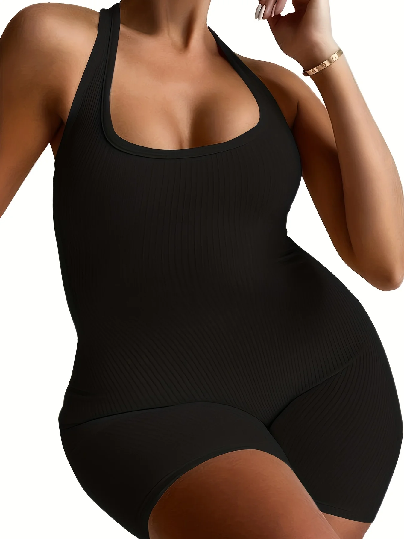 Damen Plus Size Mode schwarz Neck holder Overall Dame übergroße sportliche einfarbige sexy Yoga Body-Con Kleidung