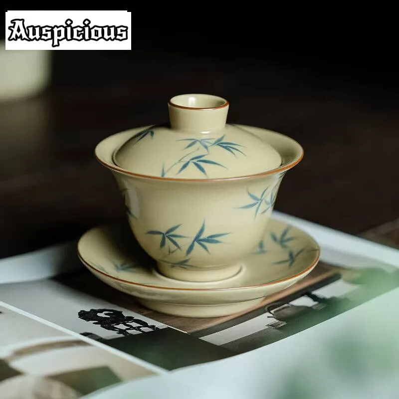 

145ml Antique Beeswax Yellow Gaiwan Hand-painted Green Bamboo Tea Tureen Ceramic Anti Scald Cover Bowl Creative Tea Maker Gifts