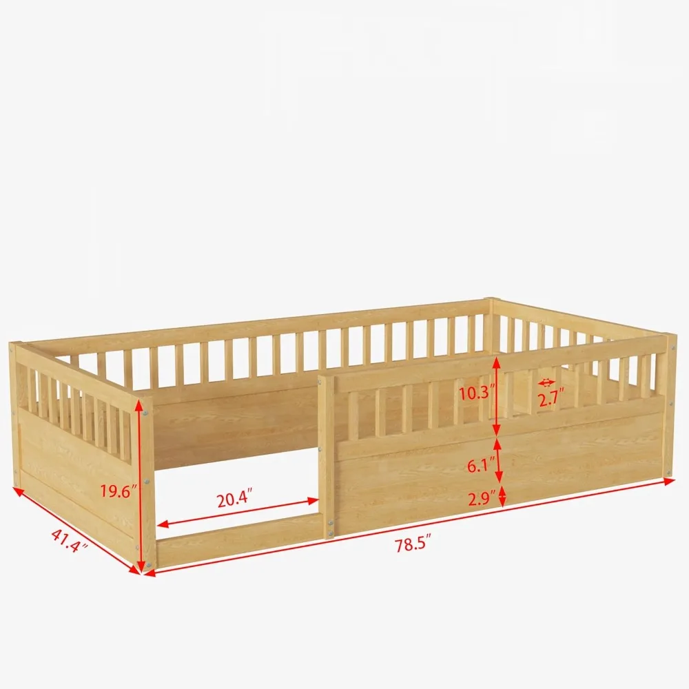 ROOMTEC-Cama de Criança com Cerca, Twin Size Montessori, Cama de Chão, Trilhos Altos para Crianças, Quartos, Crianças, Meninos e Meninas