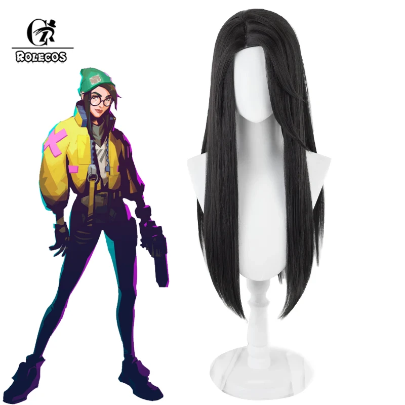

ROLECOS Synthetic Hair Game Valorant Killjoy Cosplay Wigs Killjoy Halloween 60cm Women Long Straight Black Wig Synthetic Hair