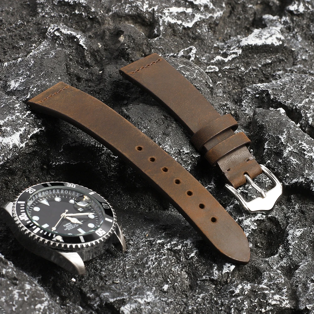Nouveau bracelet de montre en cuir véritable Crazy Horse fait main, rouge, vert, bleu, café, 19 mm, 20 mm, bracelet de montre en cuir vintage pour homme