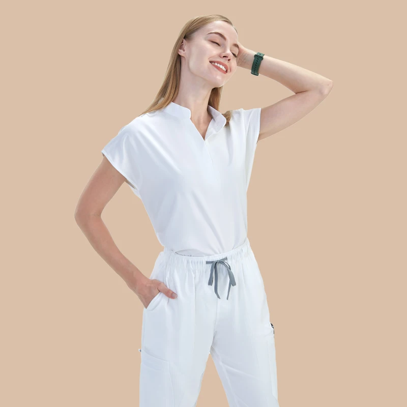 White Hospital Uniforms Mandarin Collar Top Jogger Pant Scrub Set Women Medical Workwear Soft Pet Clinic Nursing Suits  S180-02