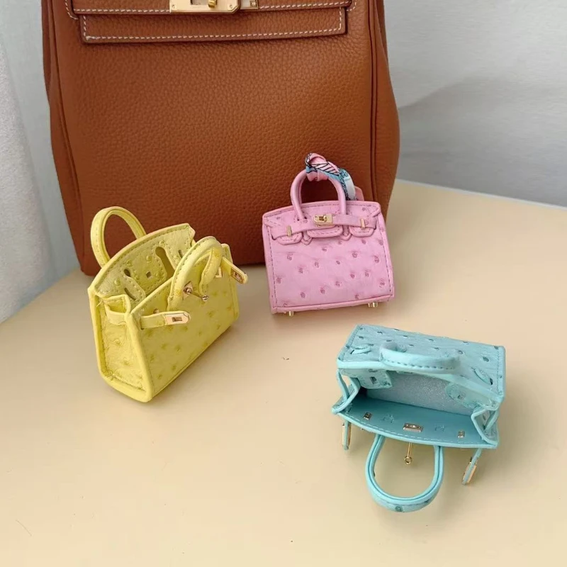 Ostrich Handmade Mini Bag PU Leather Handbag Keychain Cute Pendant Bag Headset Bags Keychain Fashion Creative Mini Luxury Wallet