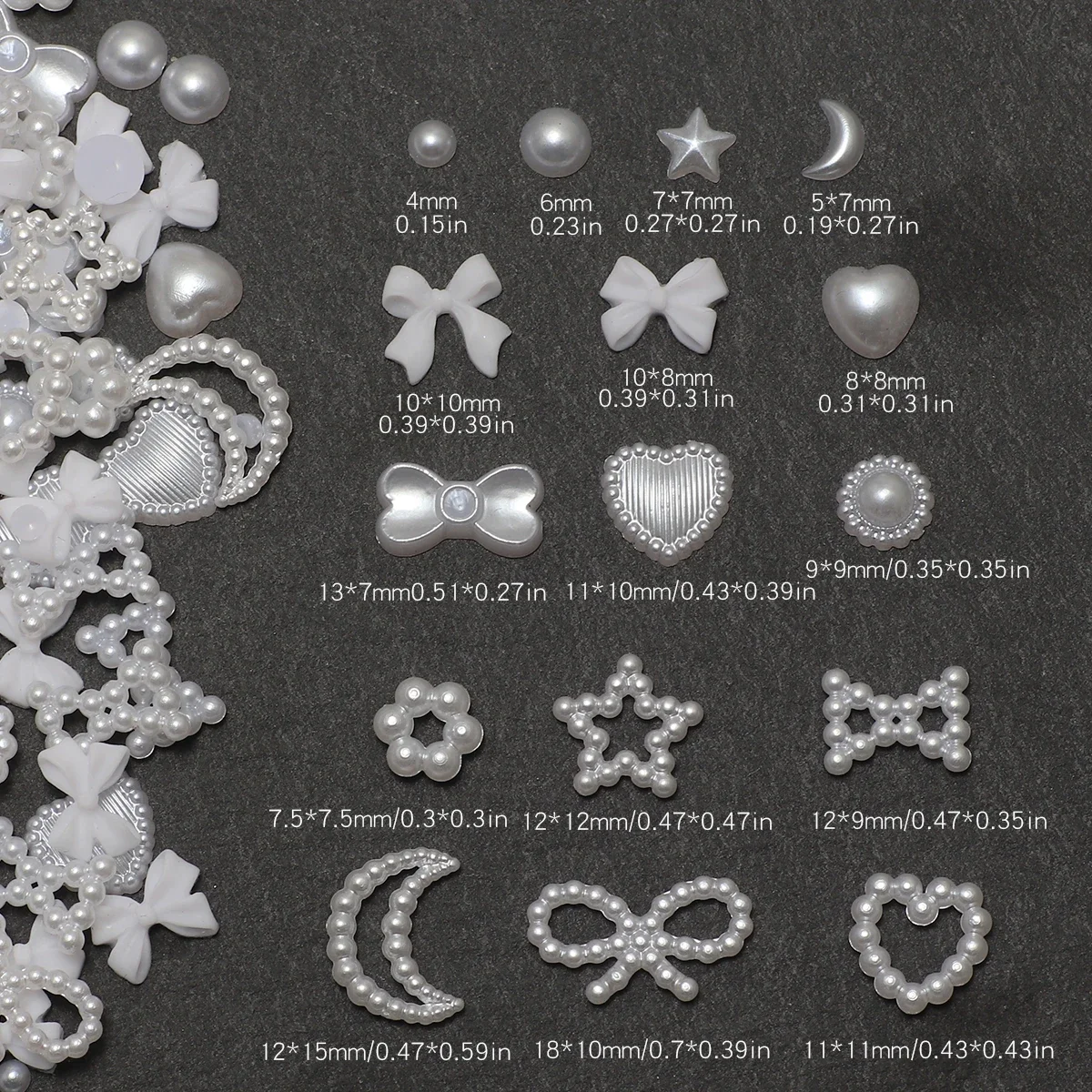 1 Box Nail accessories 3d Nail Charm Resin Love Bow Pentagram Nail Accessories Mixed Pink White resin Hollow Pearl for manicure