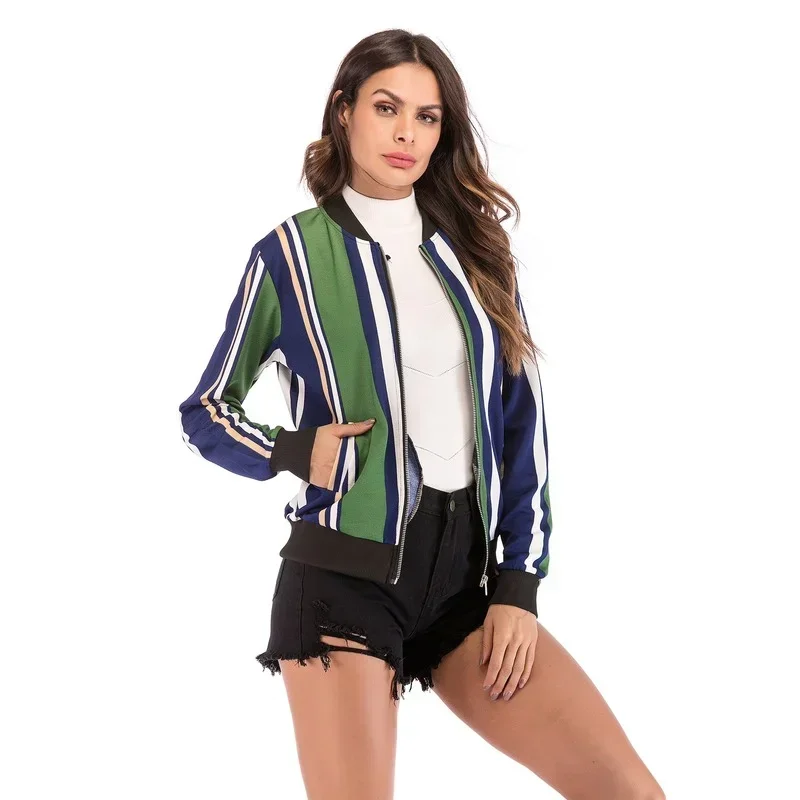 Colorful Striped Tennis Jackets Women Fashion Printed O-Neck Casual BF Jackets Zipper Autumn Winter Simple Coats with Pockets