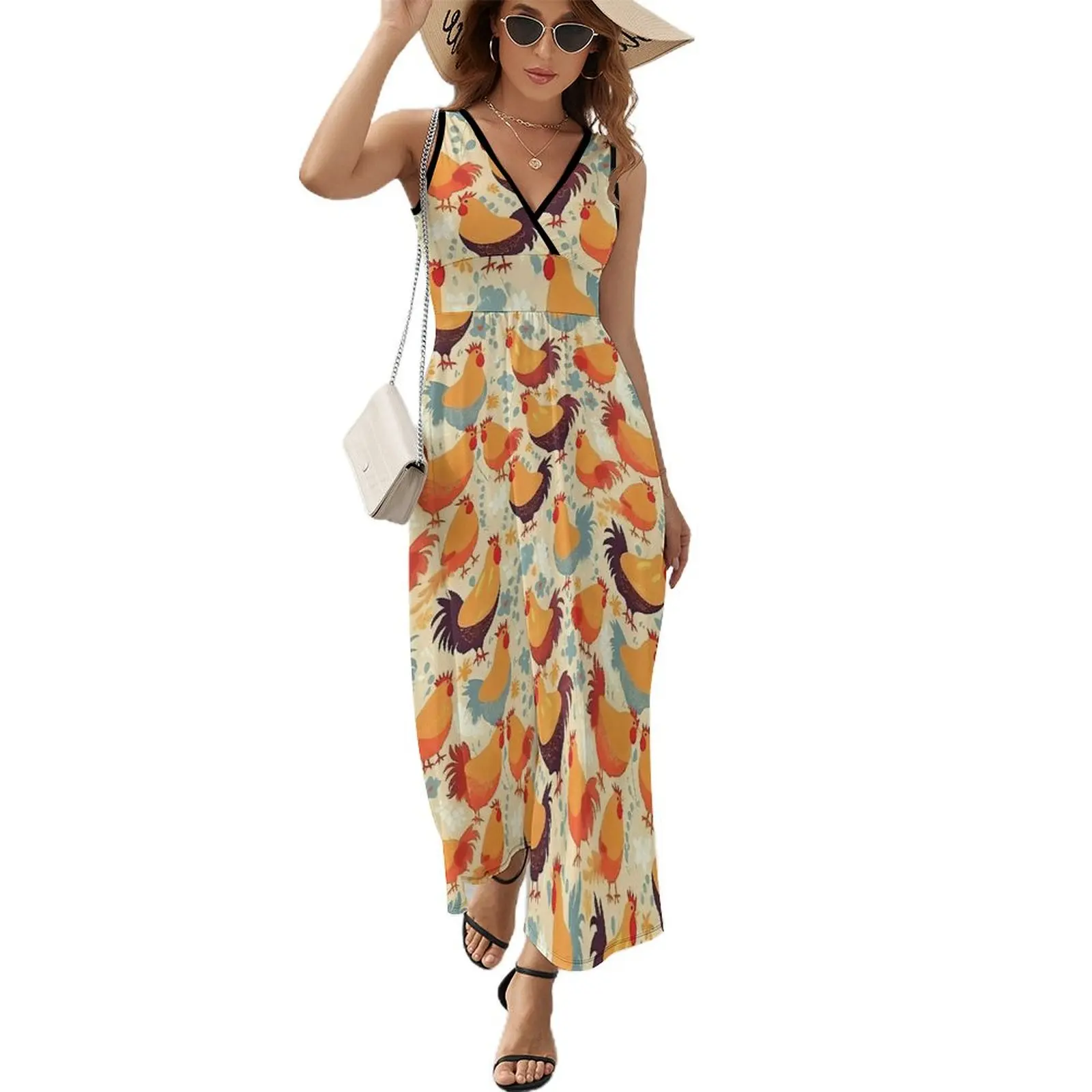 Cheerful Chickens Dress Cute Animal Trendy Maxi Dress V Neck Custom Boho Beach Long Dresses Street Wear Oversized Vestido