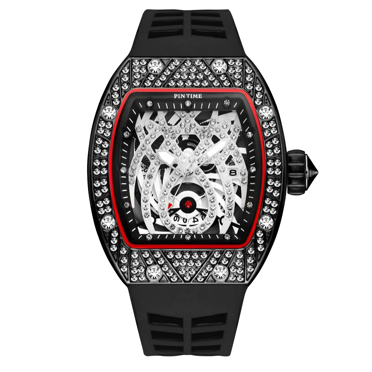 Mens Black Tonneau Fashion Diamond Punk Skeleton Silicone Quartz Analog Waterproof Wristwatch