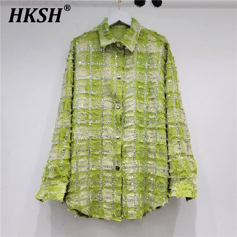 

HKSH Весенние новые женские свободные рубашки с оригинальным нишевым дизайном High Street в клетку с бриллиантами и шикарным ароматом, топы Y2K HK5158