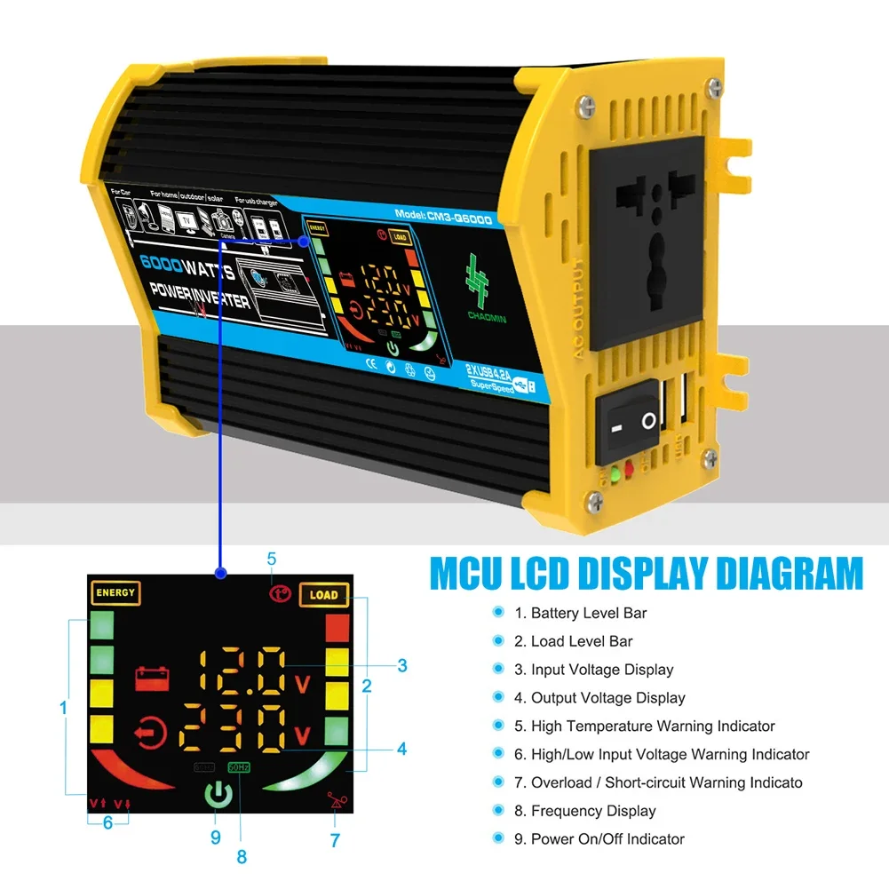 6000W Car Inverter Modified Sine Wave Power Converter 12V to 110V 220V with LCD Display Dual USB Port for Vehicle Voltage Transf