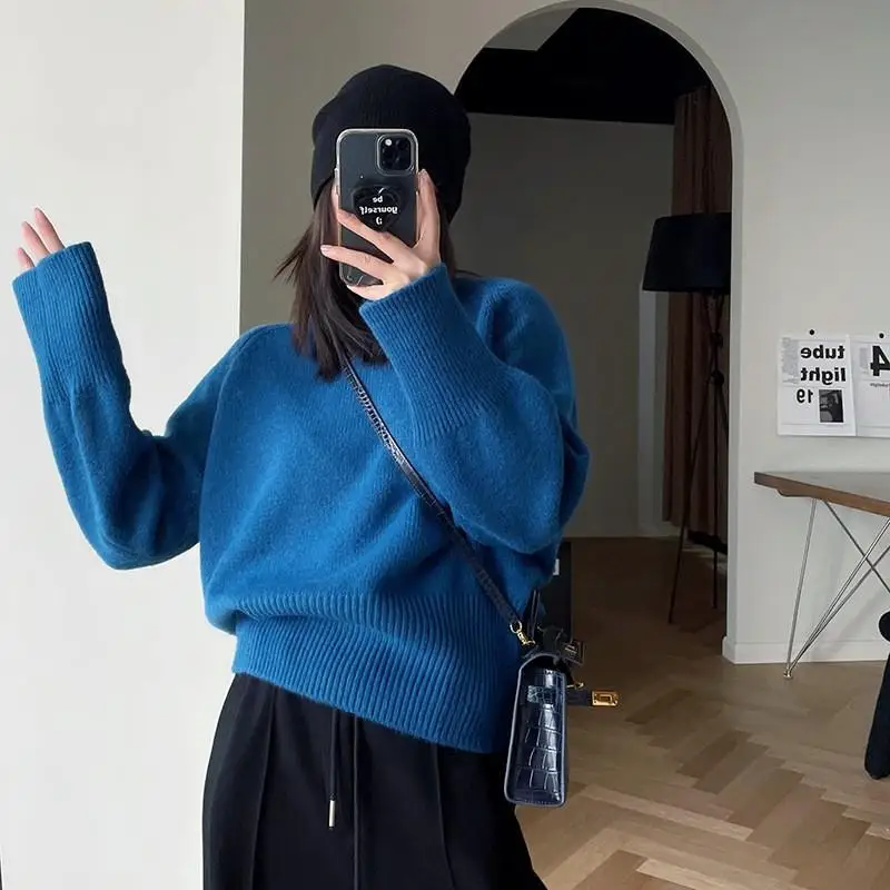 

Korean Style Fashion Casual Solid Color Round Neck High Quality Pullover Sweater Retro Elegant Popular Long Sleeved Women's Top