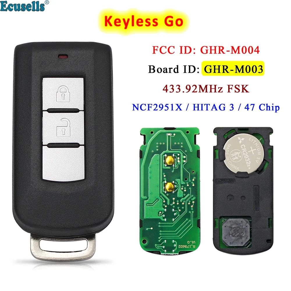 

2 Button Smart Remote Keyless Go Key 433MHZ ID47 chip for Mitsubishi Pajero Sport L200 Montero Outlander GHR-M004 GHR-M003