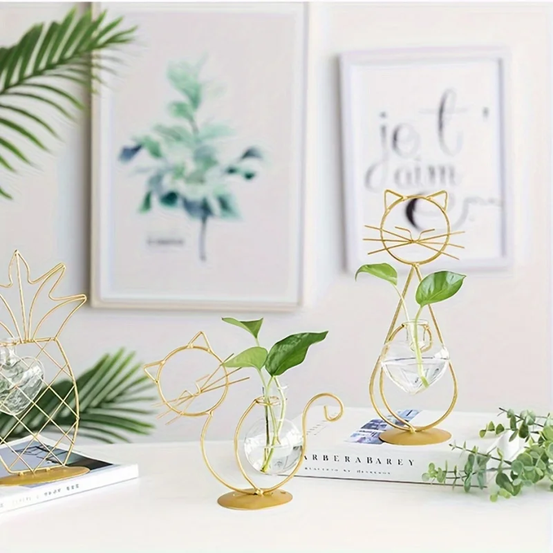 Modern Simple gold Geometric Art Glass Vase Metal Frame Line Flower Vase Hydroponic Plant Container Dining Table Wedding Decorat