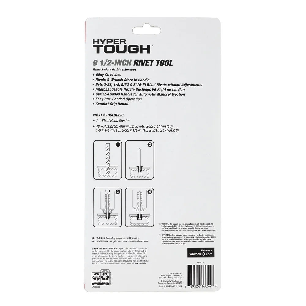 9.5 Inch Right Angle Rivet Tool with 40 Assorted Rivets Spring Loaded Handle Slim Nose Design DIY Metal Projects