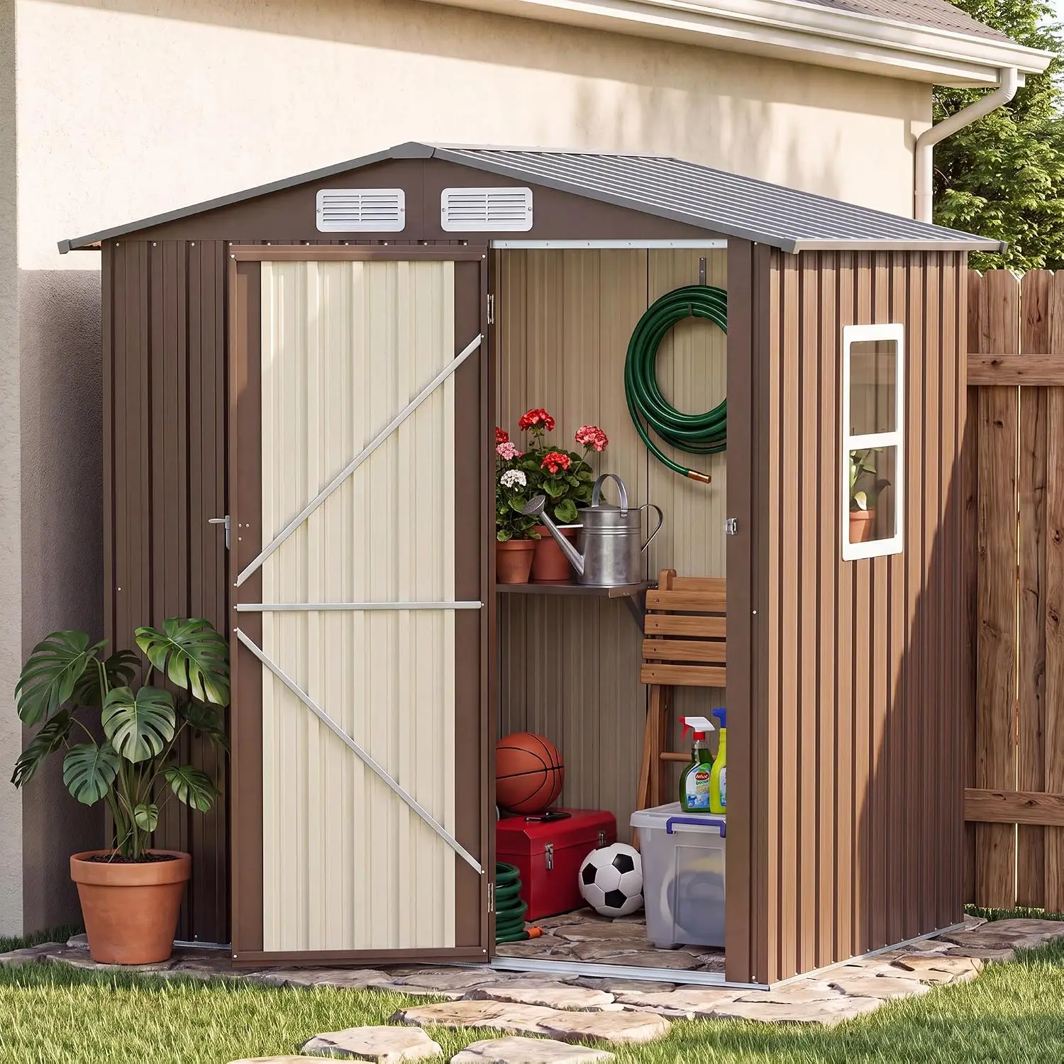 Outdoor Storage Shed 6x4FT Waterproof Metal Tool Bike Shed Lockable Door Backyard Garden Patio Brown, Customized