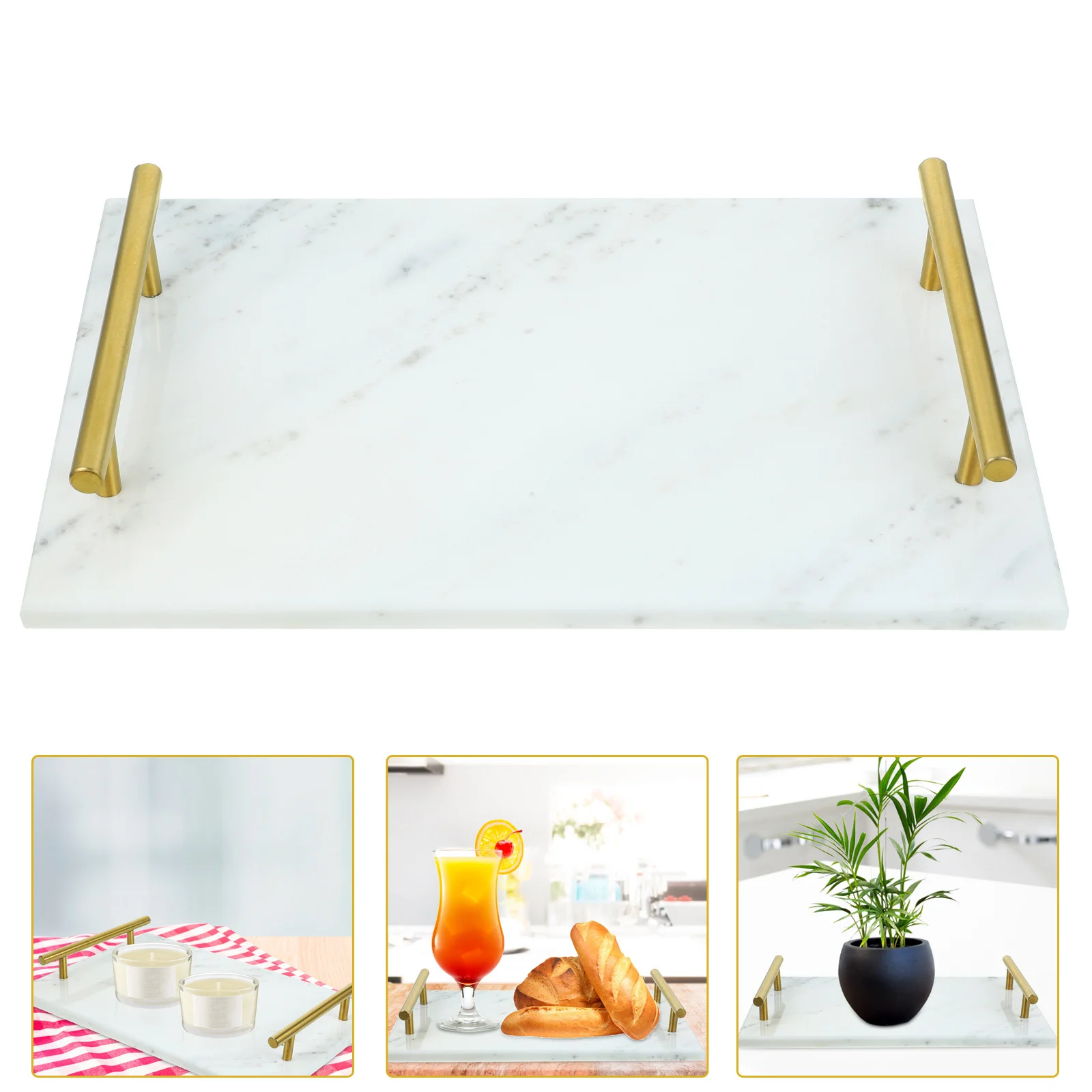 

Marble Tray Bathroom Storage Holder Durable Easy Clean Multiuse Serving Plate Home Office Party Marble Tray with Handle