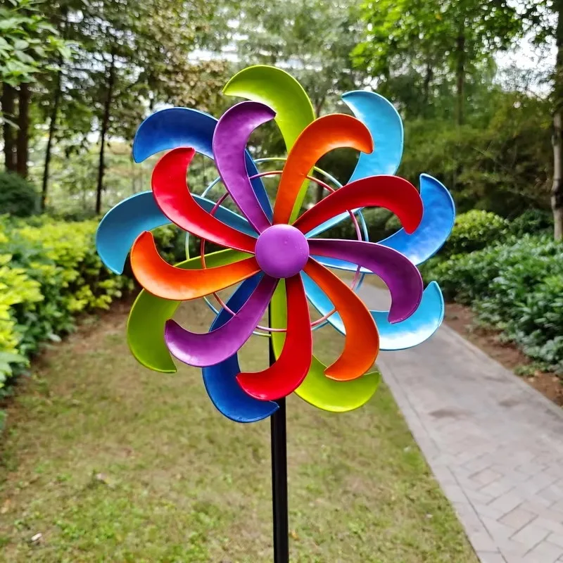 Double Rotation Metal Flower Wind Spinner Stake Ornament Multicolor Curved Blade Garden Lawn Yard Craft Decor Symmetric Radial