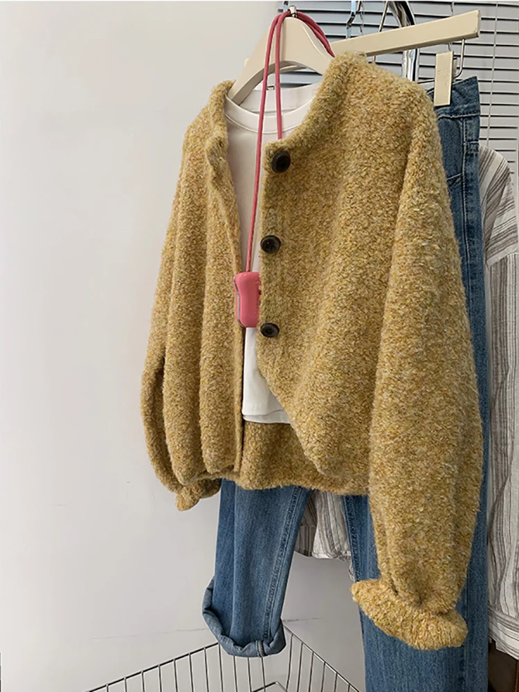 

Зеленый однобортный женский свитер, осень-зима, повседневные теплые кардиганы с круглым вырезом, шикарные свободные вязаные топы с длинными рукавами