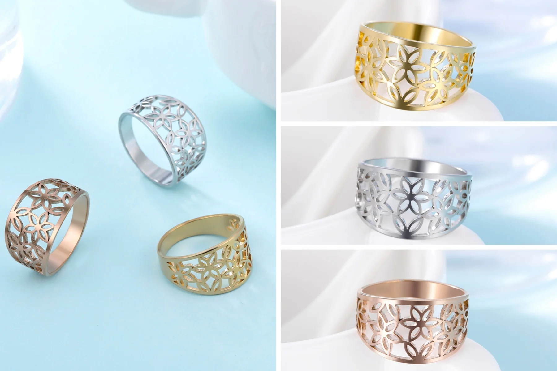 Kkjoy Mode Edelstahl Gold Farbe hohl sechs Blüten blätter Blumen ringe für Frauen Hochzeits feier Geburtstag Schmuck Geschenk für Mädchen – Detail 8