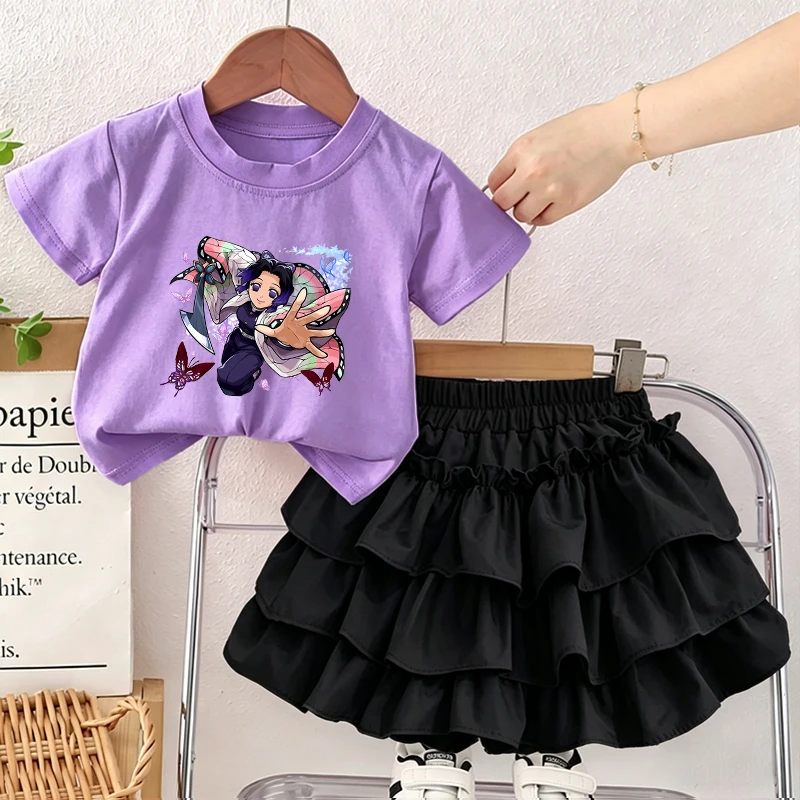 

Demon Slayer Kamado Nezuko Girl T Shirt Tiered Skirt 2pcs Kochou Shinobu Kids Clothes Set Kawaii Cute Summer Tee Puff Skirt Set