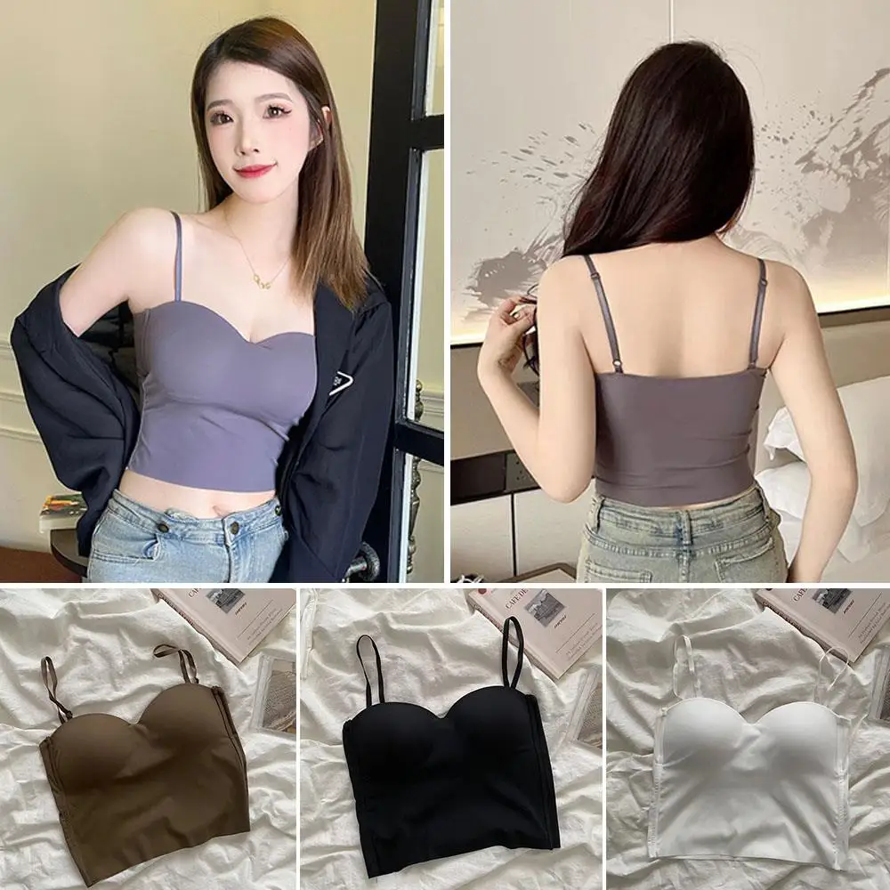 

New Women Solid Color Halter Tops Sports Vests Sexy Slim Bottoming Shirts Seamless Outer Vest Bras Slim Camisole With Chest Pad