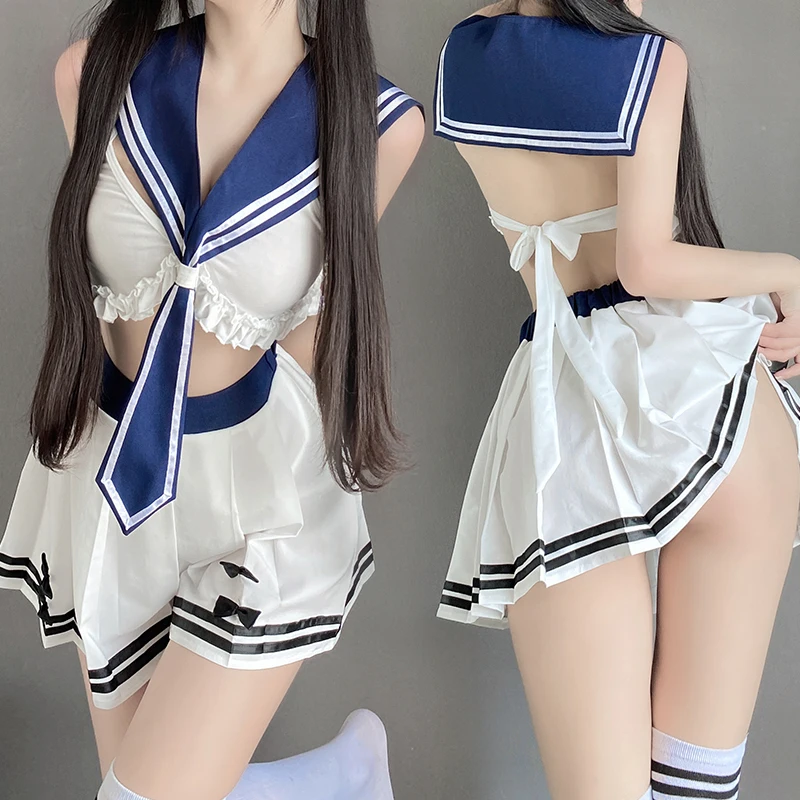 Schattige Student Rollenspel Jk Uniform Sexy Lingerie Campus Student Cosplay Uniform Stropdas Niet Rugloze Top Geplooide Rok Set Sexshop