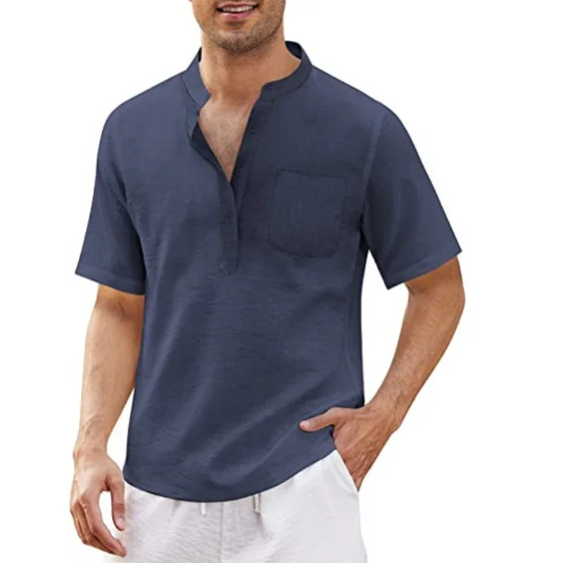 

Summer Men's Solid Casual Pocket Short Sleeve Beach Top Shirt Fashion Men's Button Design Shirt Fashion Clothing For Man