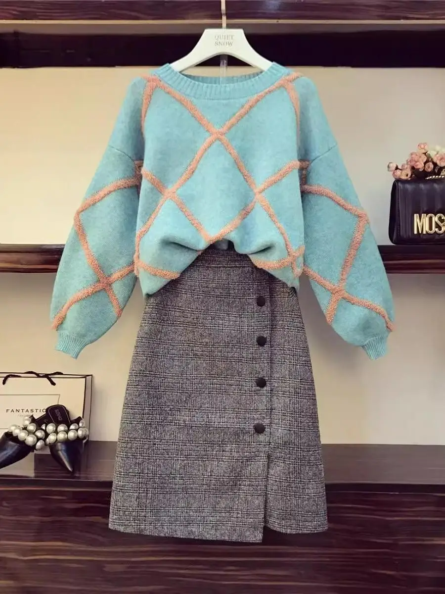 

Loose Knitted Sweater And Skirt Set Women's Faion plus Size Two Piece Suit Autumn Winter Sle Comfortable Polyester D...