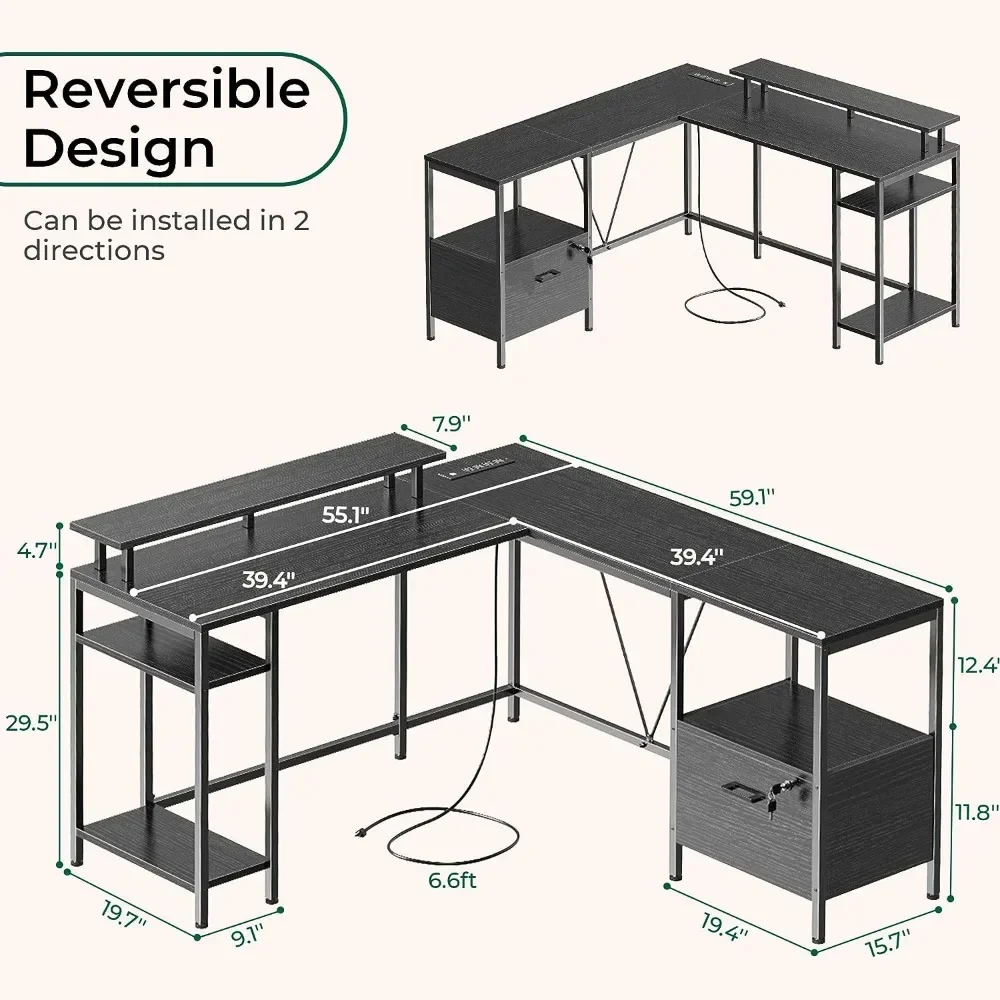 OEING Huuger L Shaped Computer Desk with Power Outlets & LED Lights, Reversible Computer Desk with File Cabinet