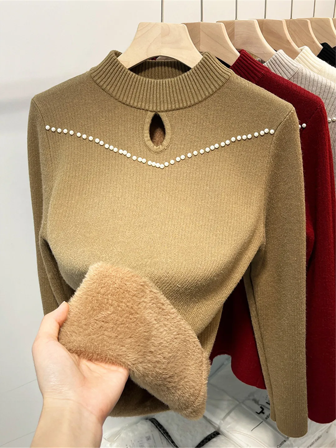 Women's Fce Lined Inteated Sweater 2025 Autumn Winter Thiened f High Collar Warm Base irt Slimming Faionable Top