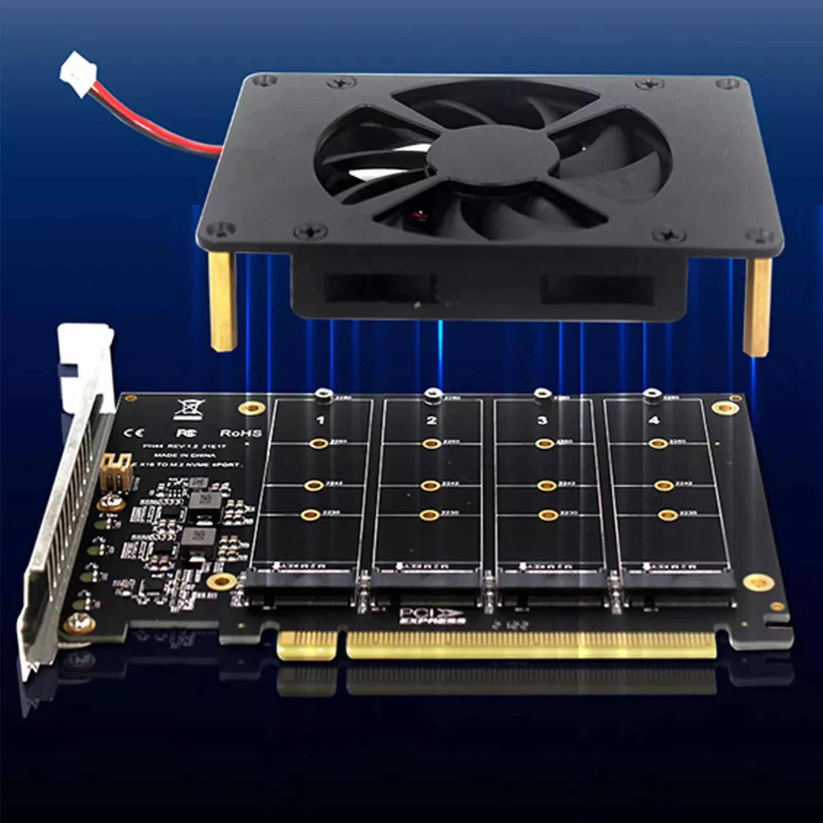 

Адаптер PH44F 4-портовый M.2 NVMe SSD на PCIe 4.0 x16 с функцией Soft RAID и активным охлаждением для Windows 10, полная скорость 4x32 Гбит/с
