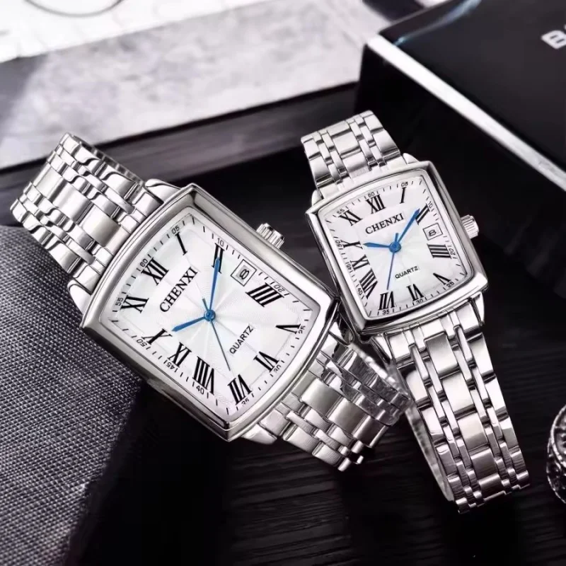 CHENXI 079A Fashion Dating Couple Quartz Watch Simple Simulation Display Stainless Steel Strap Square Men's and Women's Watches