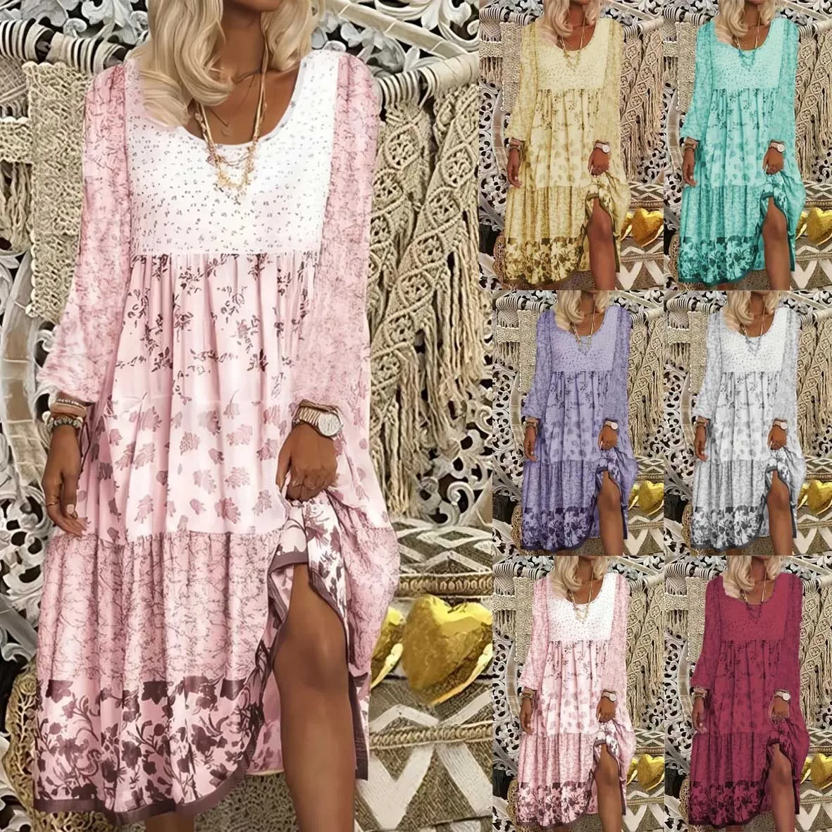 Sommerliches weißes Kleid für Damen mit Blumenmuster, Rundhalsausschnitt, locker sitzendes Maxikleid mit Stufenrock und Seitenschlitz, Freizeitkleid