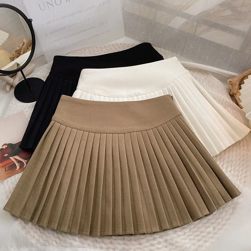 Women's Khaki High-waisted Pleated Skirt  Anti-light Thickened Woolen A-word Short Skirt