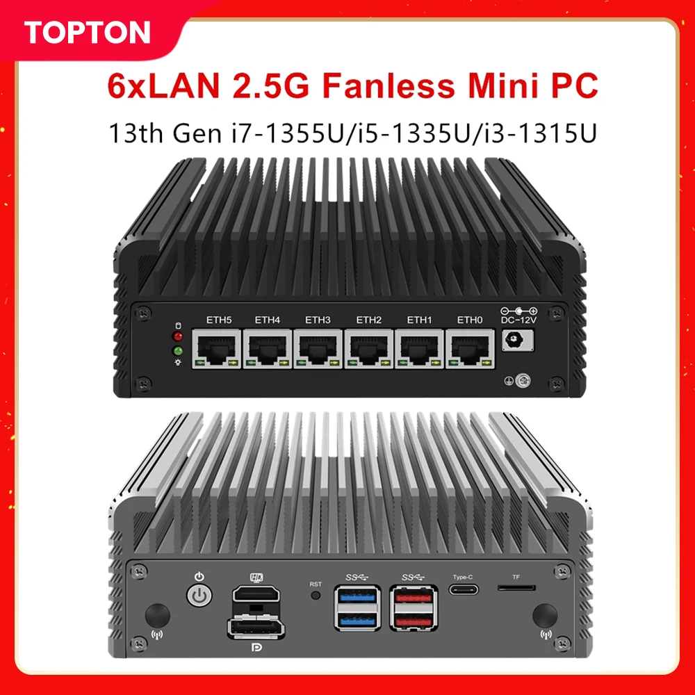 

13th 12th Gen Fanless Mini PC USB4.0 i7 1355U i5 1335U i3 1315U Intel 6x i226-V LAN Firewall Appliance Soft Router Proxmox ESXi