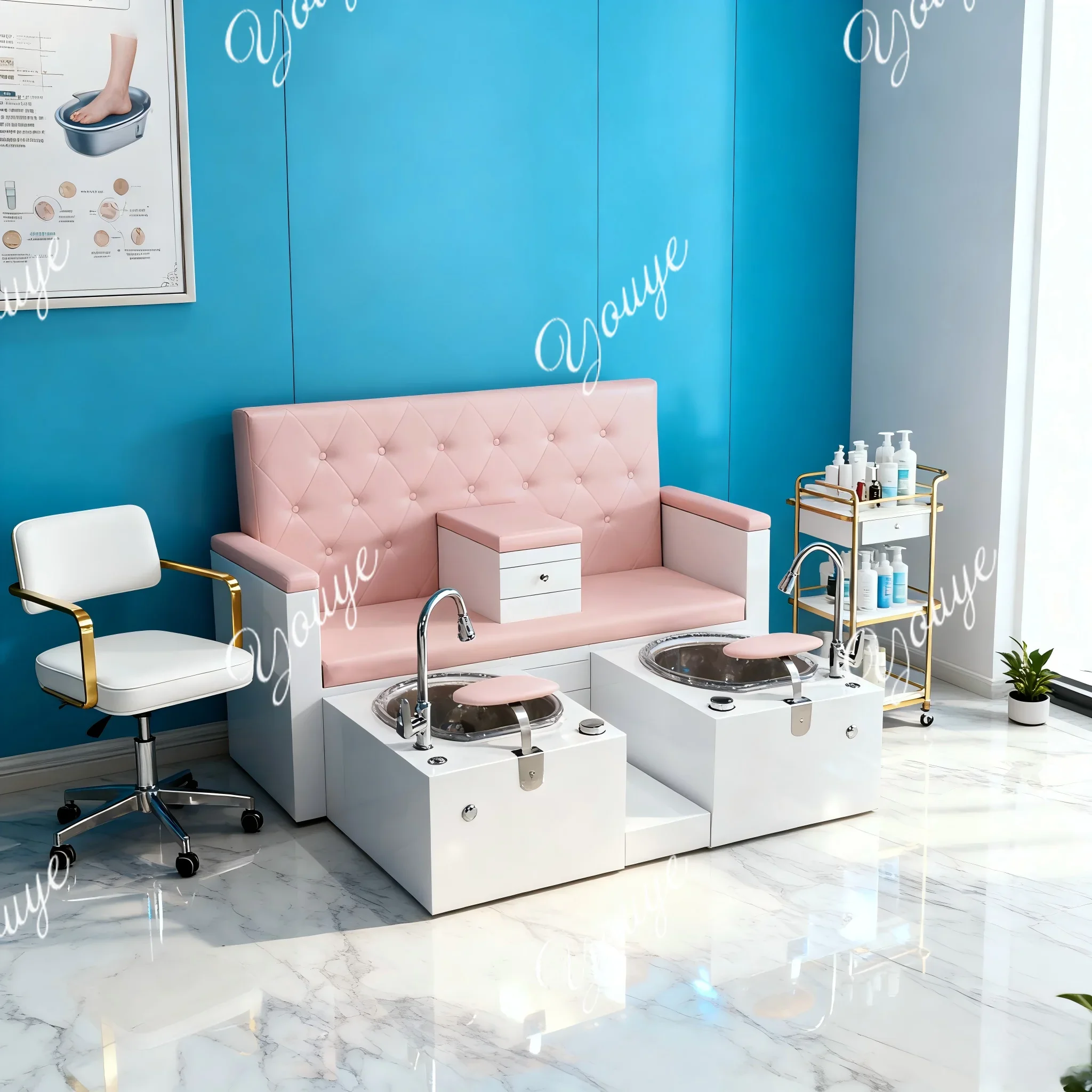 C Customized Double Pink Pedicure Chair With Two Basins And Shower For Couples With Storage Compartment In The Middle
