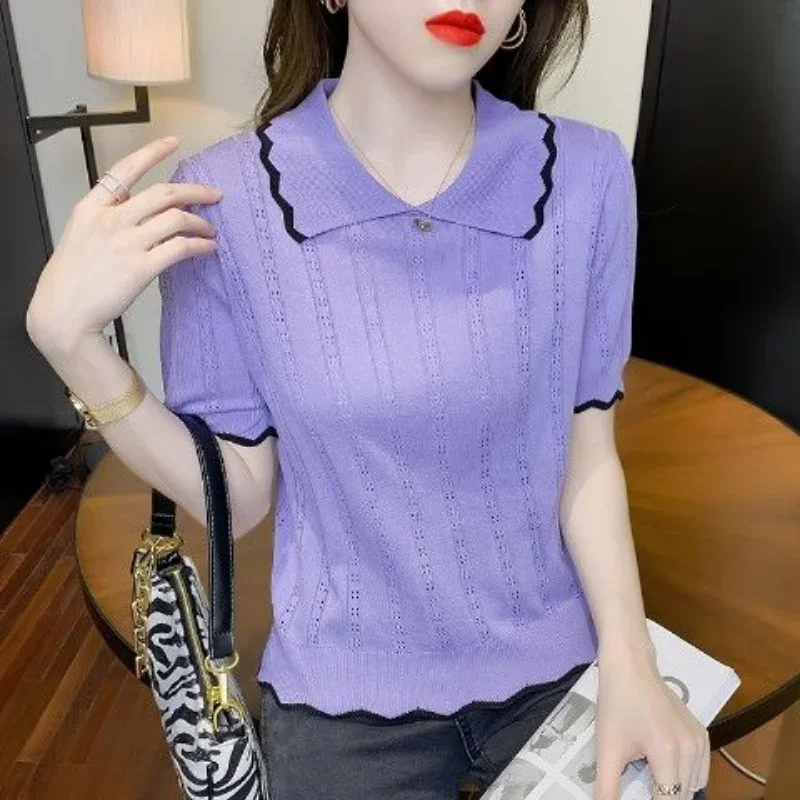 T-shirt Woman Purple Tops Polo Neck Shirts For Women Clothing Short Sleeve Tee White Knit Offer Trend Popular Aesthetic Luxury V