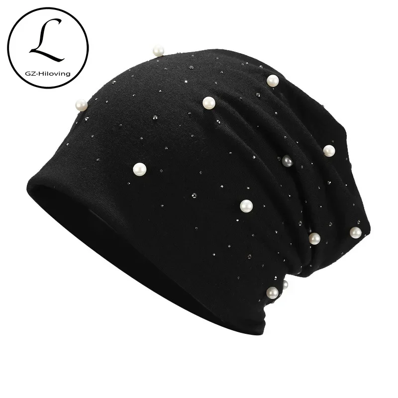 GZhilovingl Design Sparkle pearl Diamonds women hats Winter Spring Thin Polyester Stretch Slouch Beanies Cap Girls Hip hop Gorro