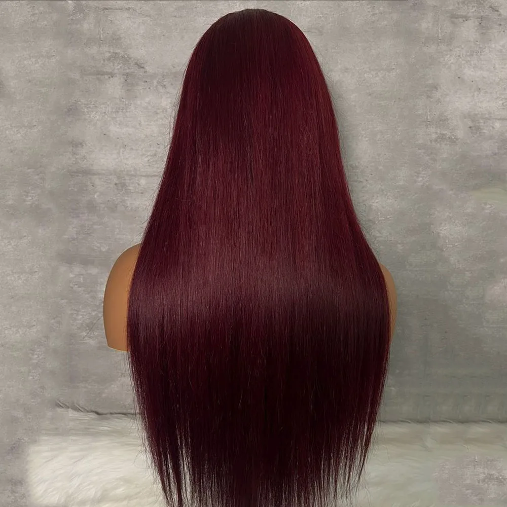 99j 26 Polegada borgonha 180 densidade sintética 13*4*1 peruca dianteira do laço de seda reta longa para mulheres babyhair pré-selecionado sem cola