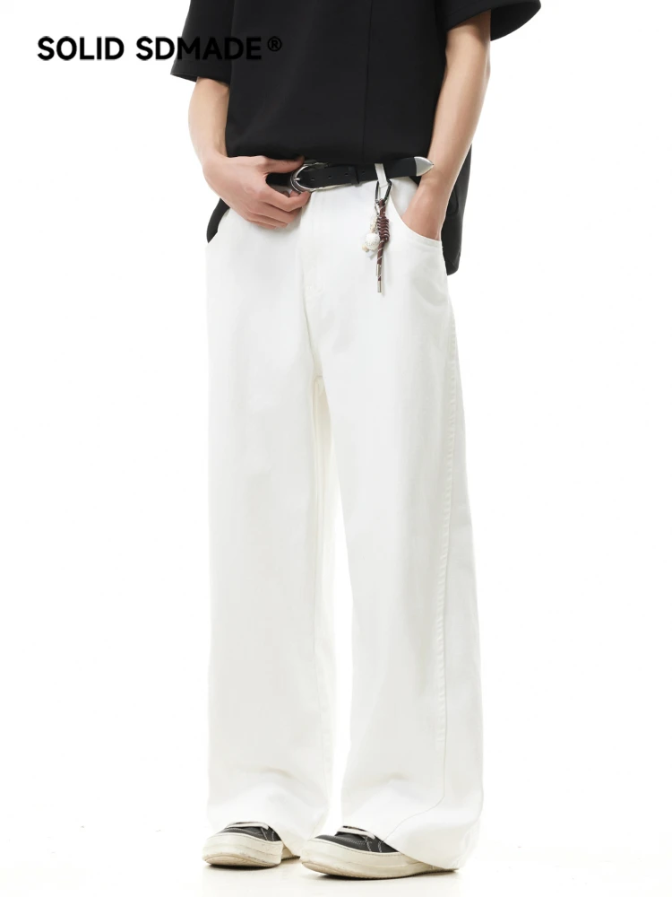 SDMADE Basic Versatile Loose Straight Leg White Jeans Unisex American Trendy Brand Wide Leg Casual Pants Cotton Denim