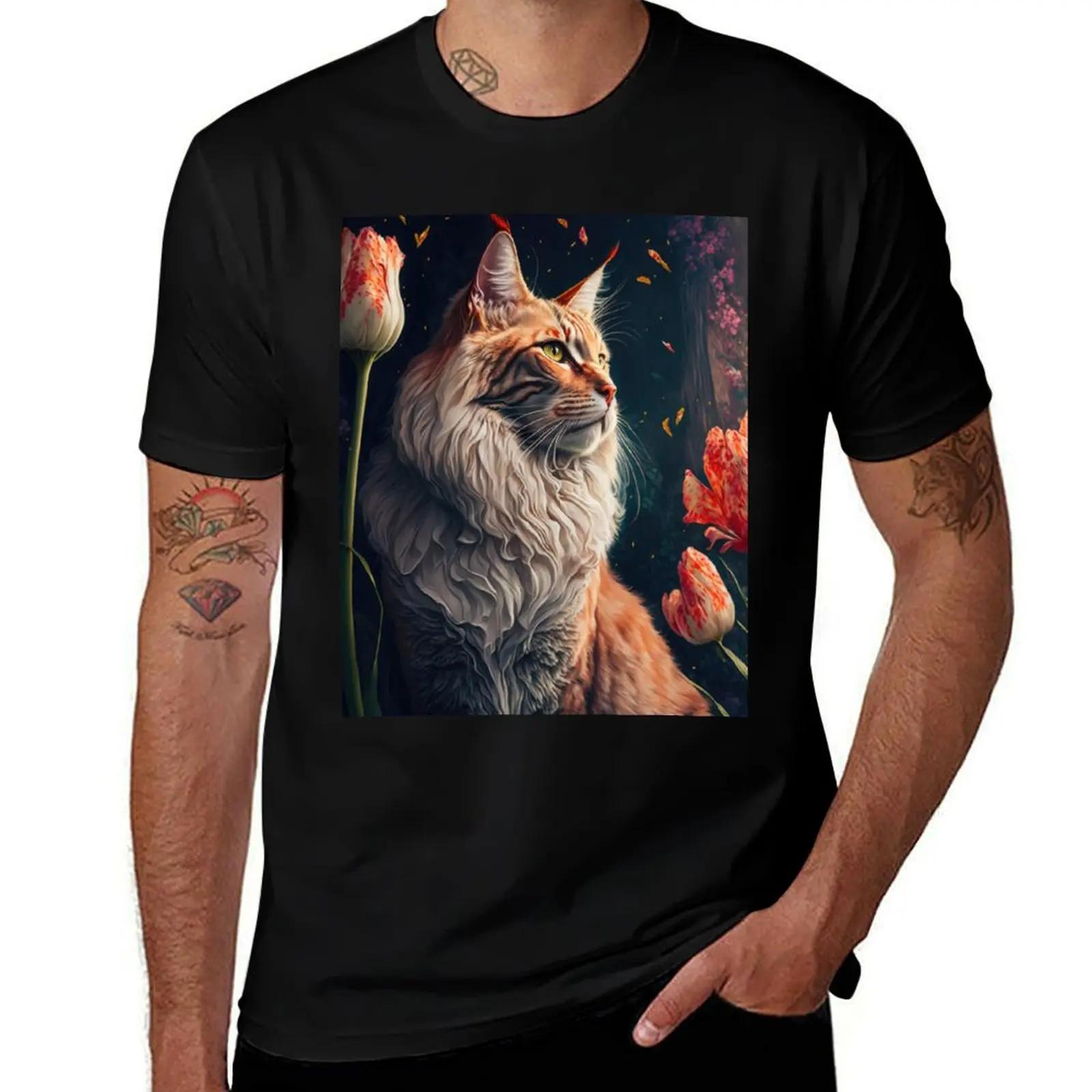 

Timothy The Maine Coon Cat and the Flowers T-Shirt t shirts cotton 100% T-Shirt
