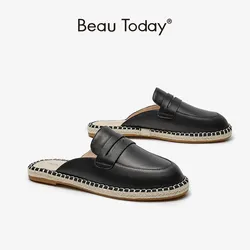 BeauToday Summer Slippers Women Sheepskin Mules Round Toe Espadrilles Outdoor Casual Slides Ladies Flat Shoes Handmade 36236