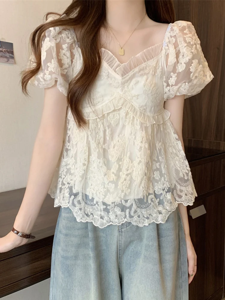 Fashion Elegant Blouses V Neck Puff Sleeve Solid Color Ruffles Plus Size Crop Tops All Match Summer Casual Loose Women Clothing