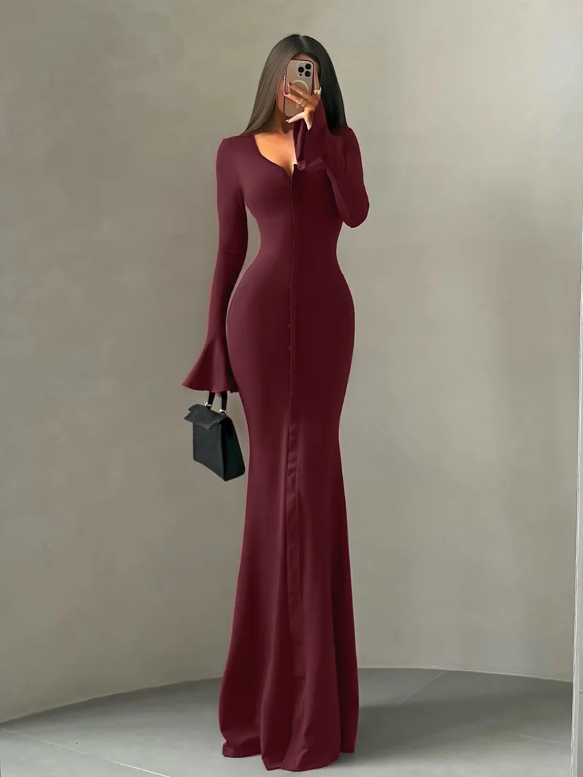 

Marthaqiqi Knitted Women Nightwear Long Sleeve Sleepwear Sexy V-Neck Nightgowns Floor-Length Dress Winter Ladies Pajamas Comfort