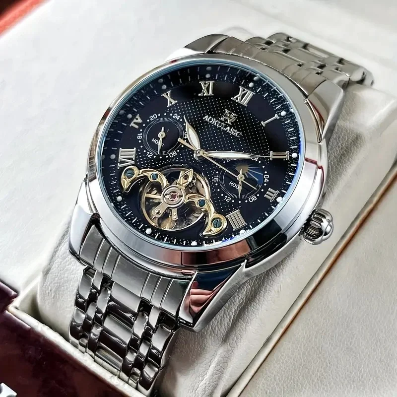 New High-End Luxury Men's Fully Automatic Mechanical Watch with Hollow Design, Waterproof Steel Band, Multi-Functional Business Casual Trendy Men's Watch, Gift Idea